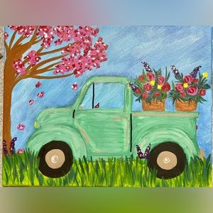 Original acrylic canvas painting.  Old truck with flowers on market day.